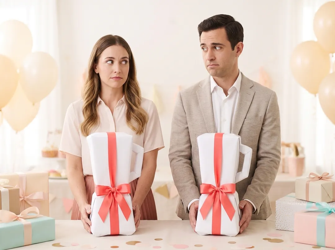 Two party guests eyeing each other, each holding an identical gift box with a coral bow