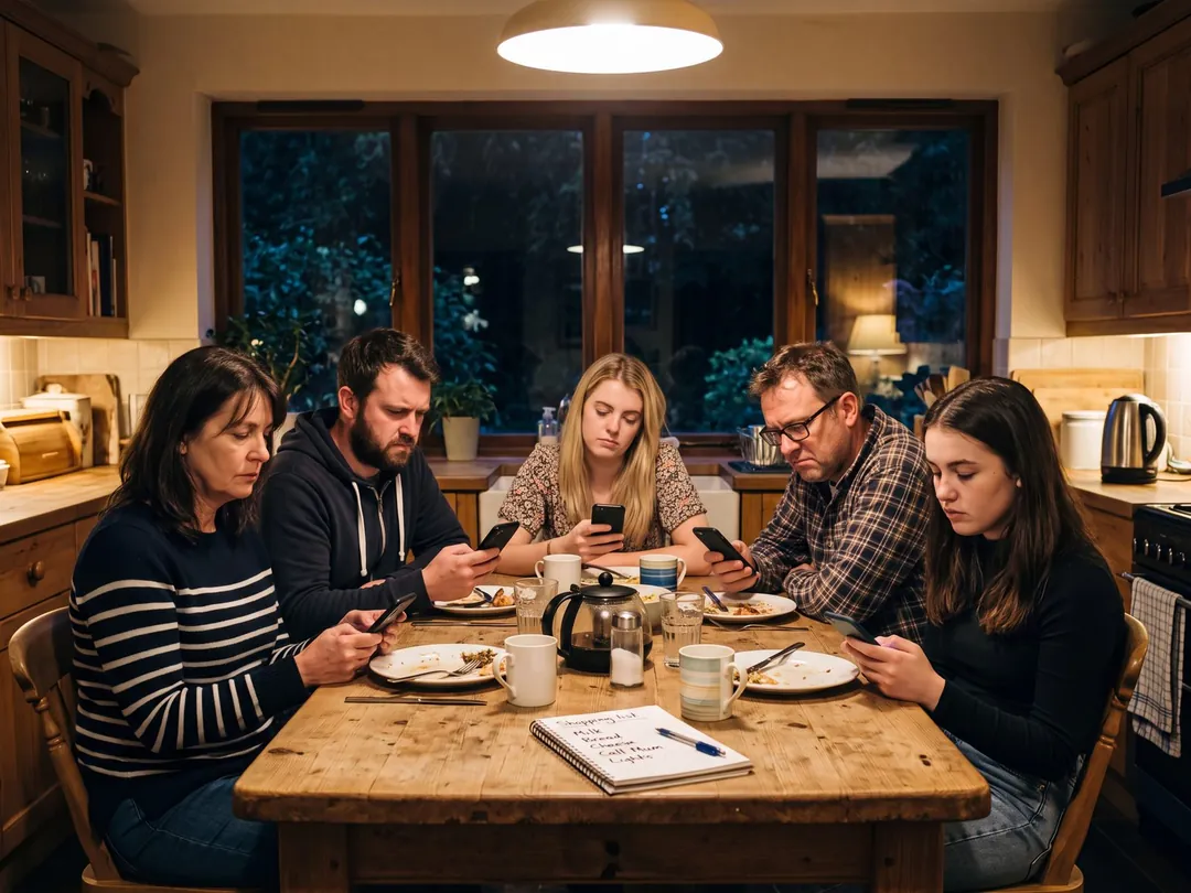 Five siblings around a kitchen table, every one of them looking at their own phone