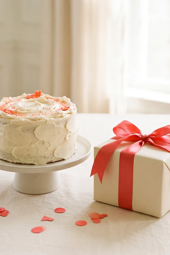 A birthday cake beside a gift box tied with a coral ribbon.