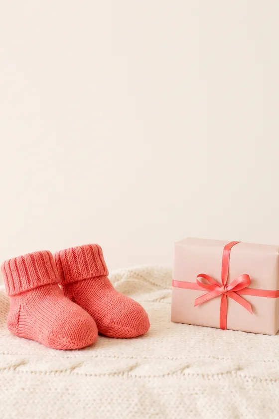 A pair of tiny coral socks on a knitted blanket beside a small wrapped gift.