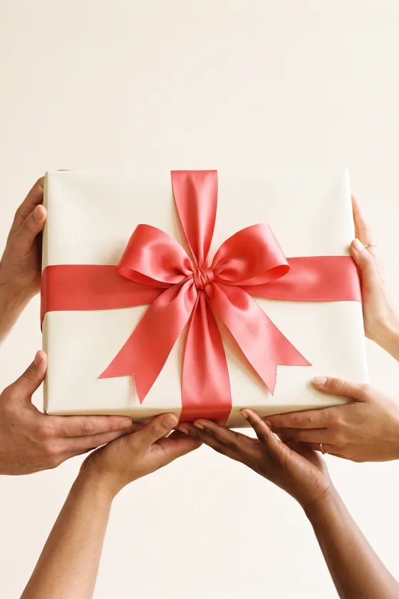 Four hands together holding one large gift box with a wide coral bow.