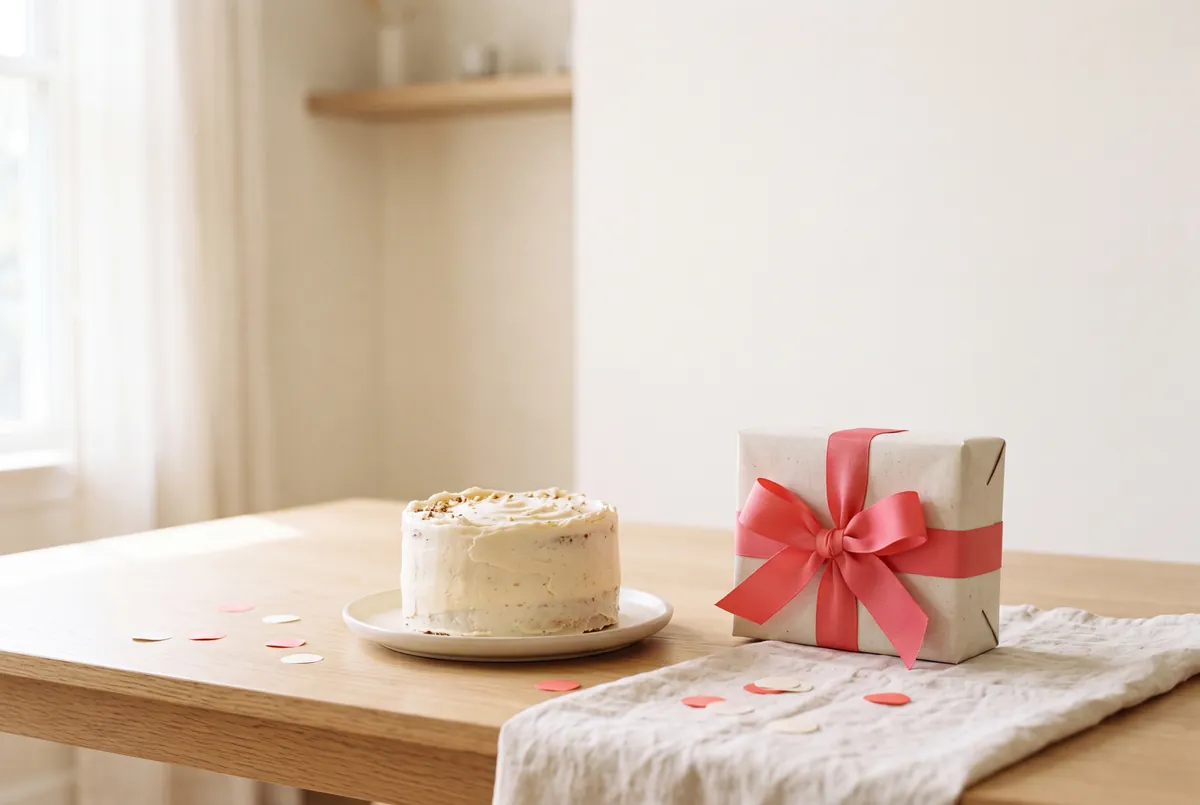 A small cream birthday cake beside a gift wrapped with a coral ribbon bow, confetti scattered on the table.