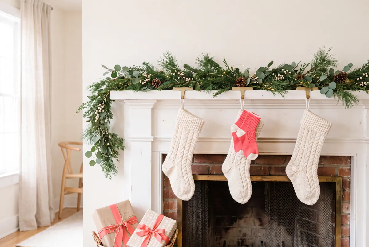 A mantelpiece with cream knitted stockings and a pair of coral socks hanging among them, pine garland above and wrapped gifts below.