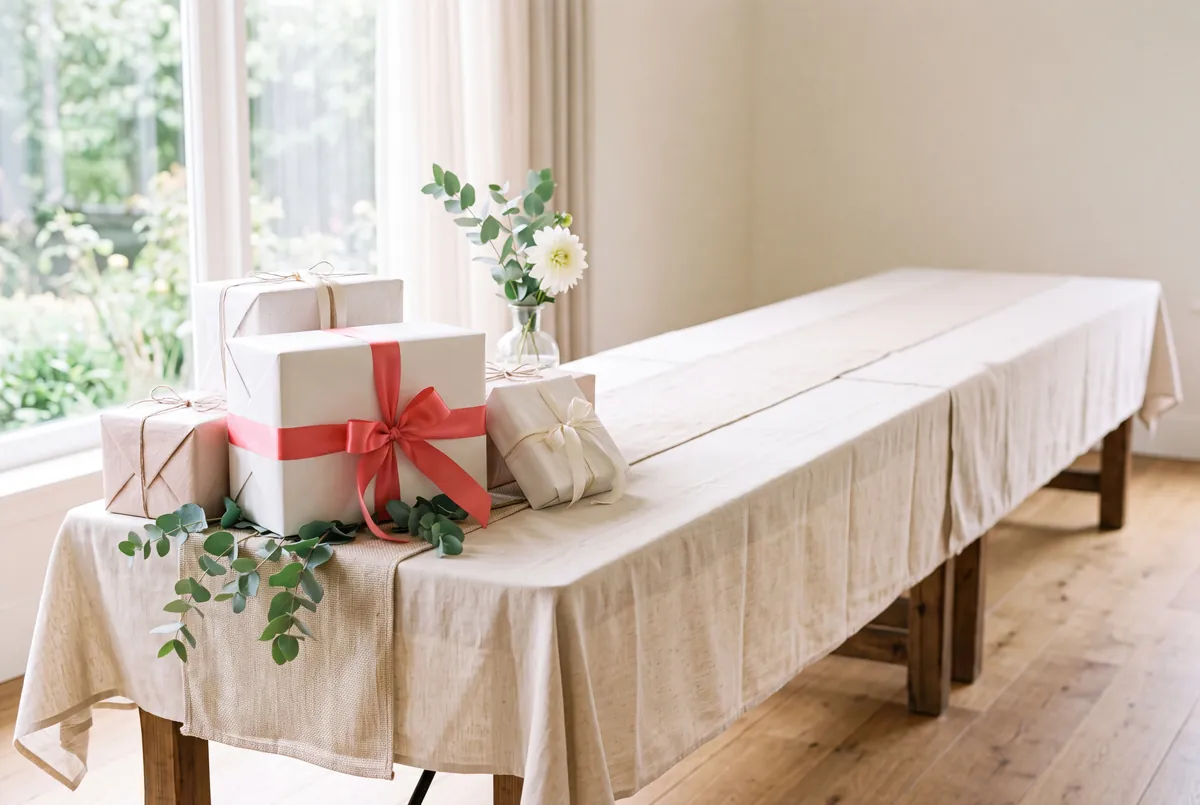 A long wedding gift table by a window: blush and cream wrapped boxes, one tied with a wide coral bow, sprigs of eucalyptus.