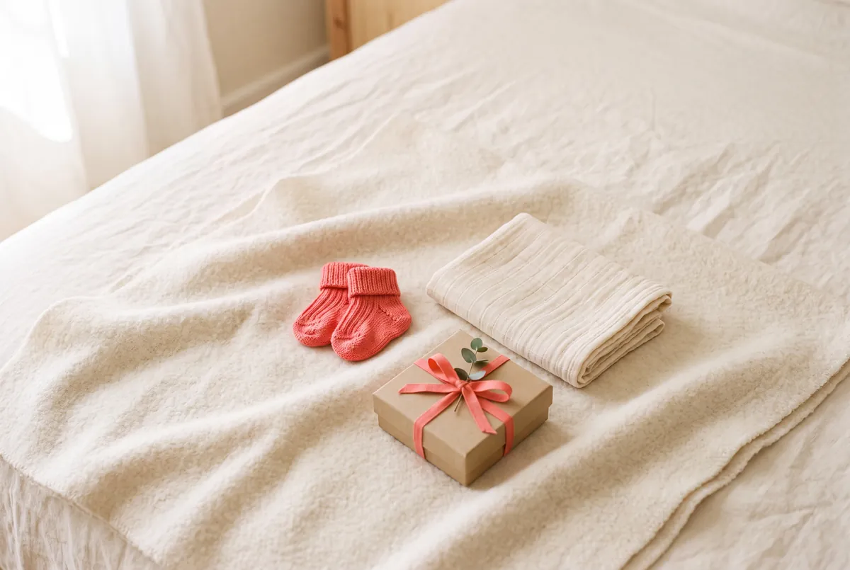 A pair of tiny coral baby socks on a cream blanket beside a folded muslin cloth and a small gift box with a coral ribbon.
