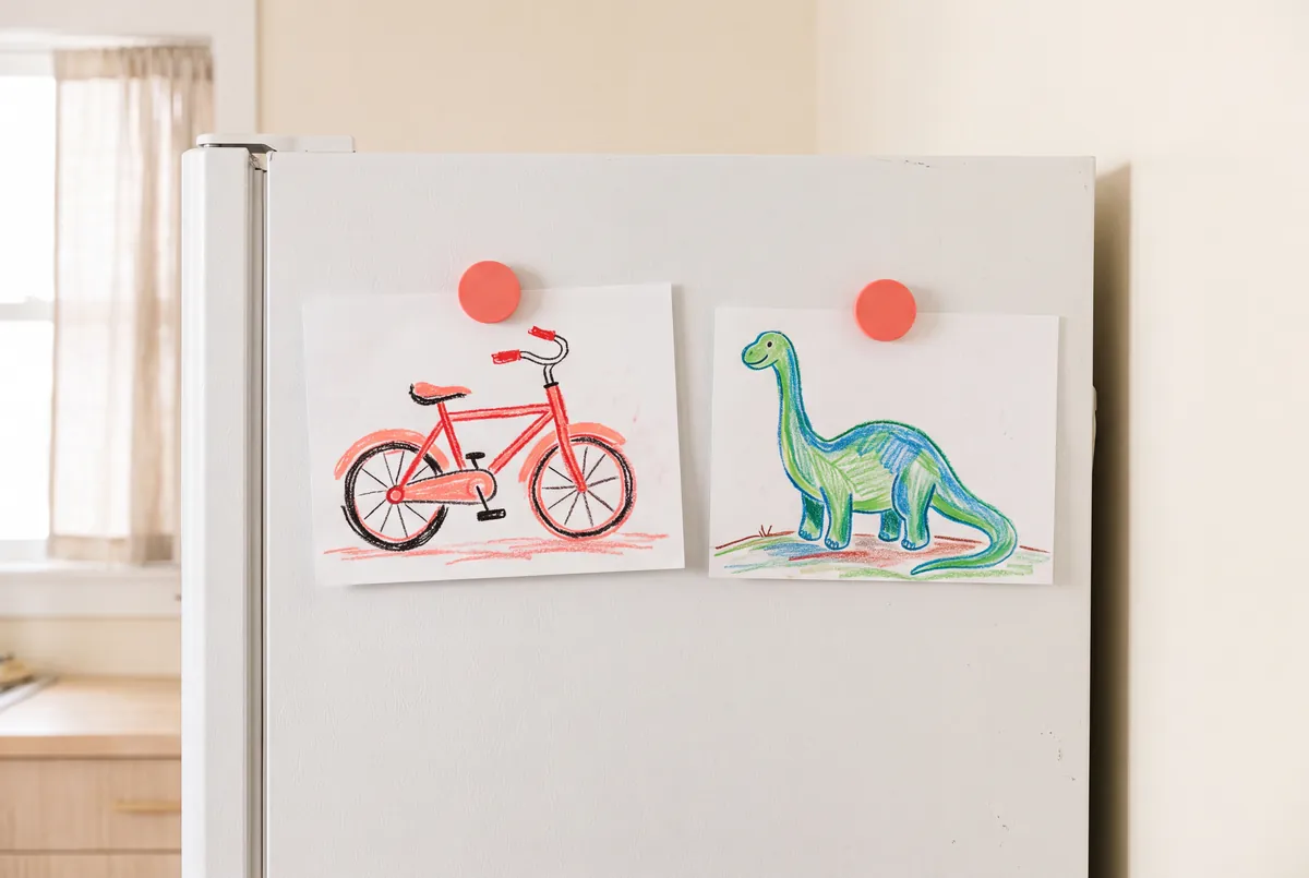 Two crayon drawings pinned to a fridge with round coral magnets: a red bicycle and a green dinosaur.